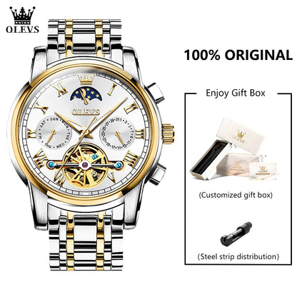OLEVS 6617 Men's Classic Mechanical Watch Waterproof Business Stainless Steel Strap Watch  Sun And Moon 30M Waterproof Watch