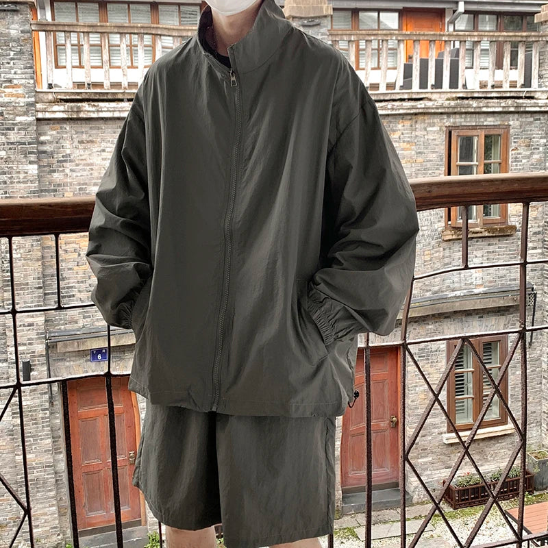 Men's Outdoor Summer Hiphop Sports Suit Casual Loose Sun Protection Thin Zipper Jacket with High Street Shorts Two-Piece Set