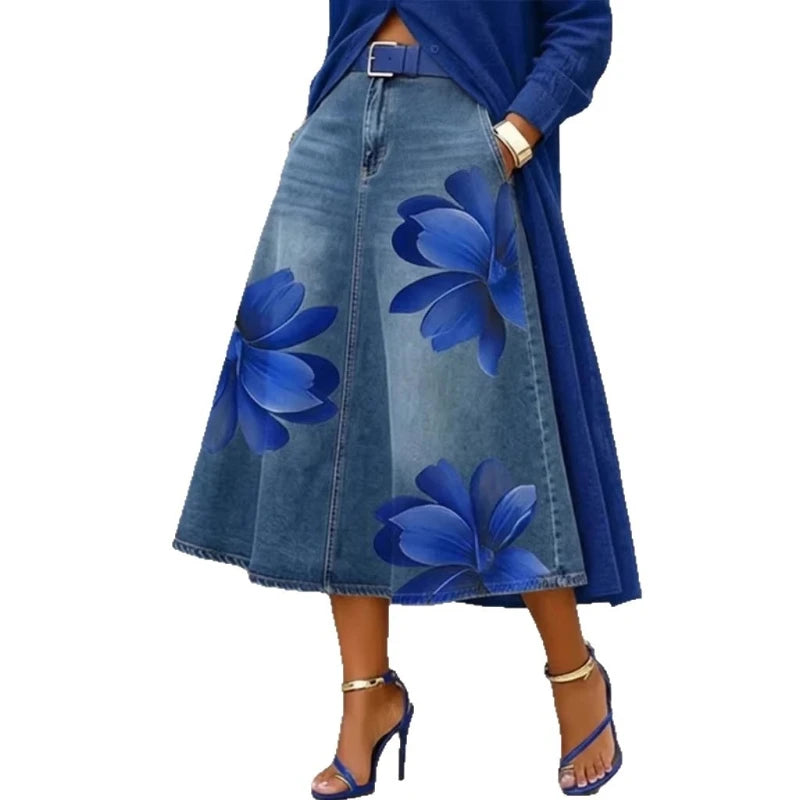 Denim Skirts Women Mid Length Skirt A Line Floral Print Pockets Elegant Splice Y2k Streetwear Work Beach Casual Washed Summer