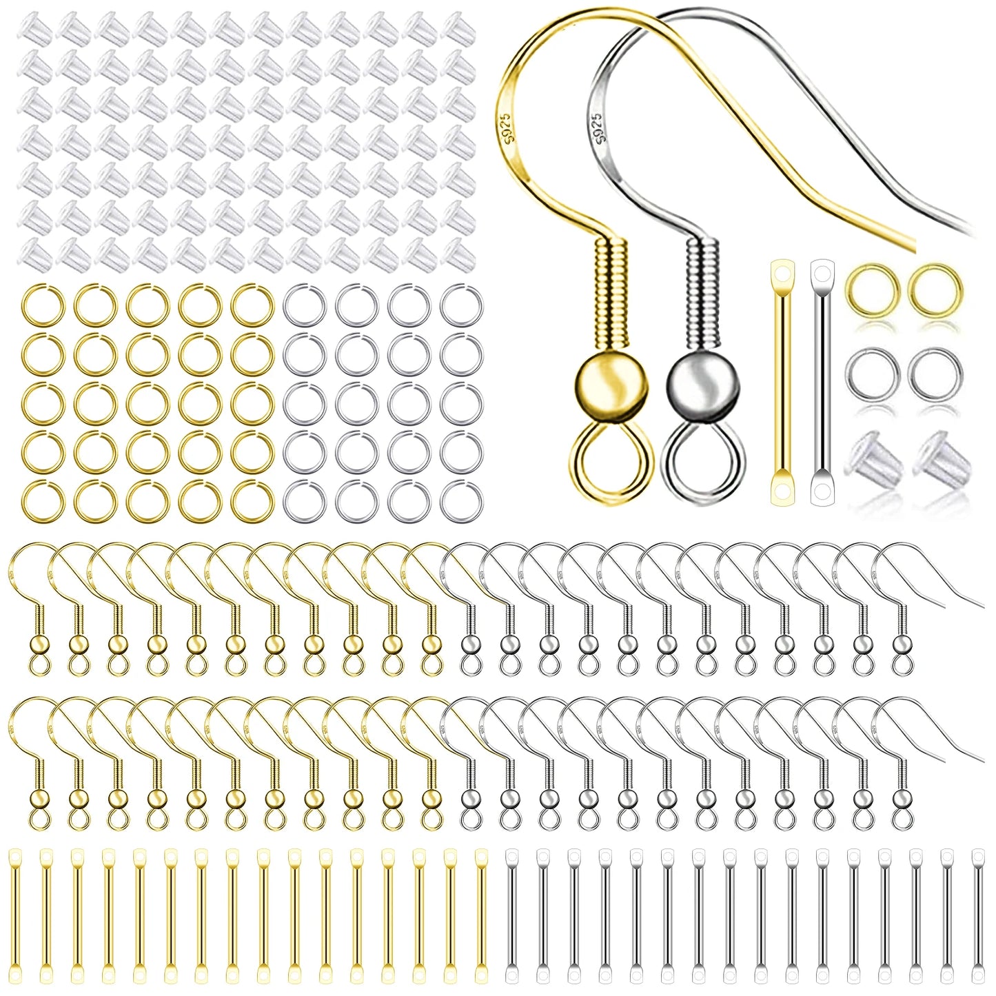 925 Silver/Gold Plated Earring Hooks for Jewelry Making, 900pcs Hypoallergenic Earring Making Kit,Earring Findings Jump Rings
