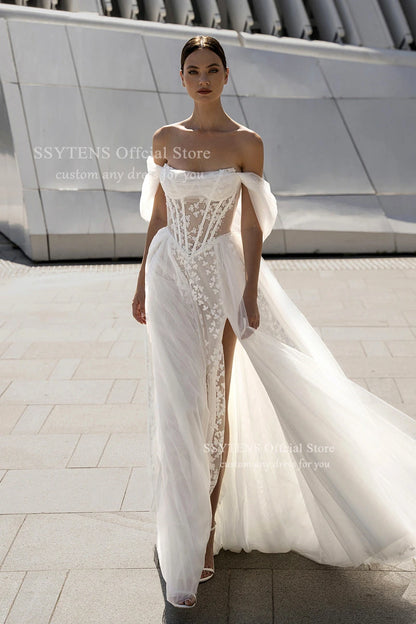 SSYTENS Vintage Boho Wedding Dresses Off Shoulder Lace Appliques A-Line Wedding Gown Elegant Sweetheart Bridal Gown Customized