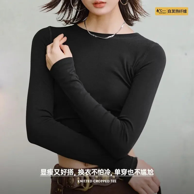 Maden Women’s Thermal Top Crew Knit Long Sleeve Underwear Shirt Slim Fit Inner Wear Warm T-shirt Autumn Spring Female Inner