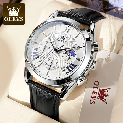 OLEVS casual fashion men's watches Moon Phase Chronograph waterproof man wristwatch Leather strap trend genuine watch for man