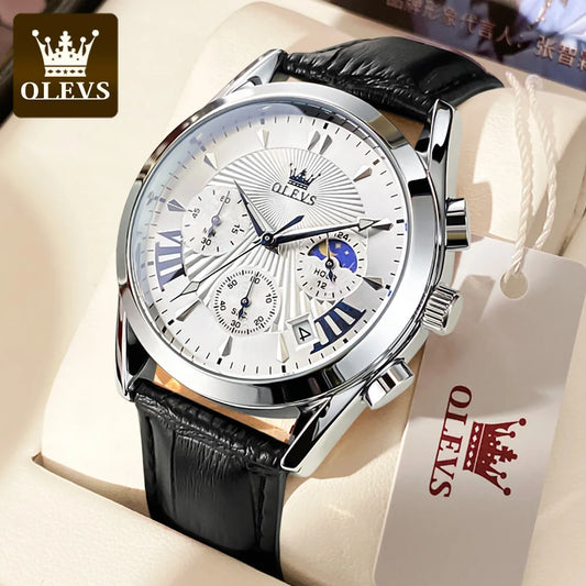 OLEVS casual fashion men's watches Moon Phase Chronograph waterproof man wristwatch Leather strap trend genuine watch for man