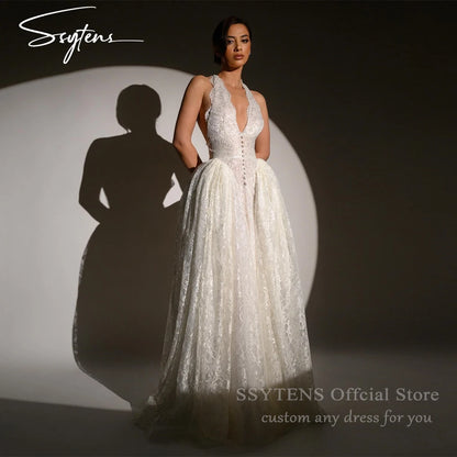 Luxury Backless Wedding Dresses Halter Neck Sleeveless Bridal Gowns Floor Length Full Lace Royal Custom Occasion Bride Dress