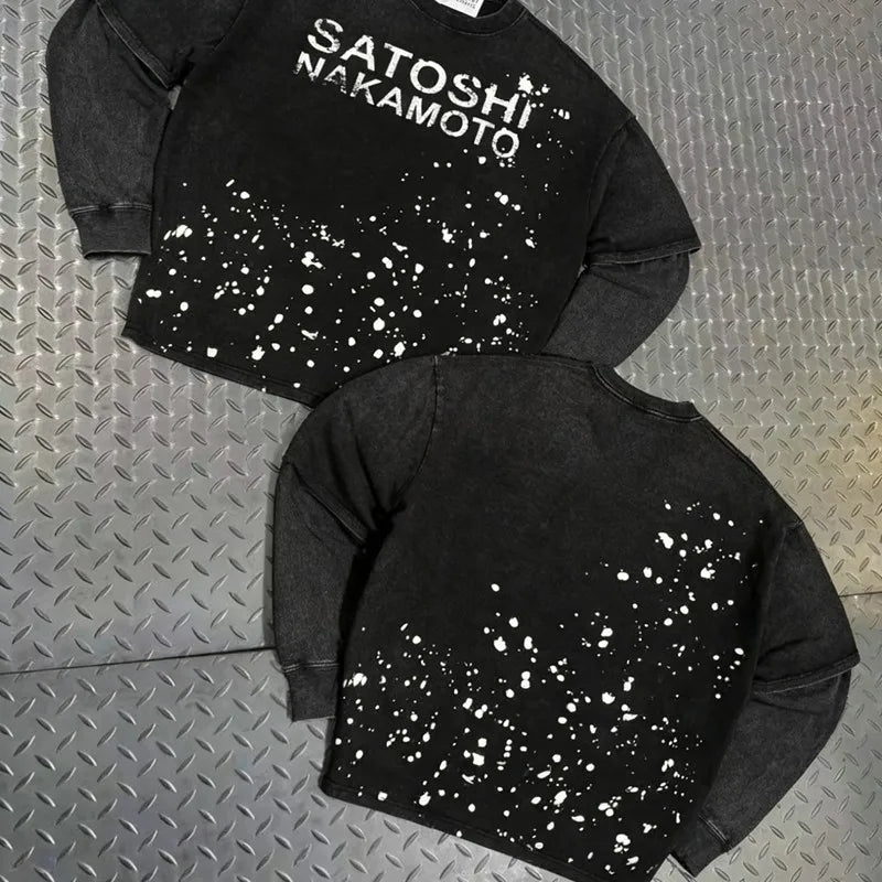 Handmade Ink Splashing Fading Letter Vintage Black SATOSHI Tshirts Hiphop Street Fake Two Piece Long Sleeve Men Women Shorts