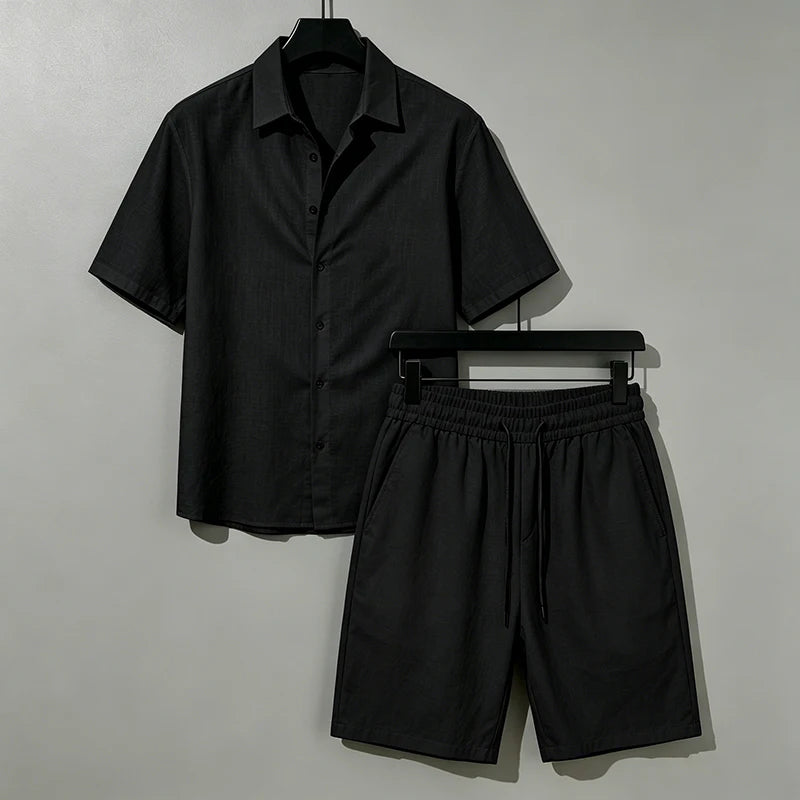Men Linen Two Piece Outfit Short Sleeve Lapel Button Shirt Elastic Drawstring Shorts Summer Daily Seaside Vacation Casual Set