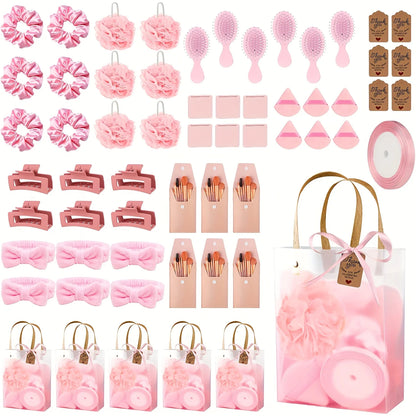 6Sets Shower Prizes For Winners Gifts Shower Favors Including Headband Hair Brush Compact Mirror Bath Sponges Powder Puff Hair Tie Claw Makeup Brushes Gift Bag Bridal Shower, Christmas Gift Set