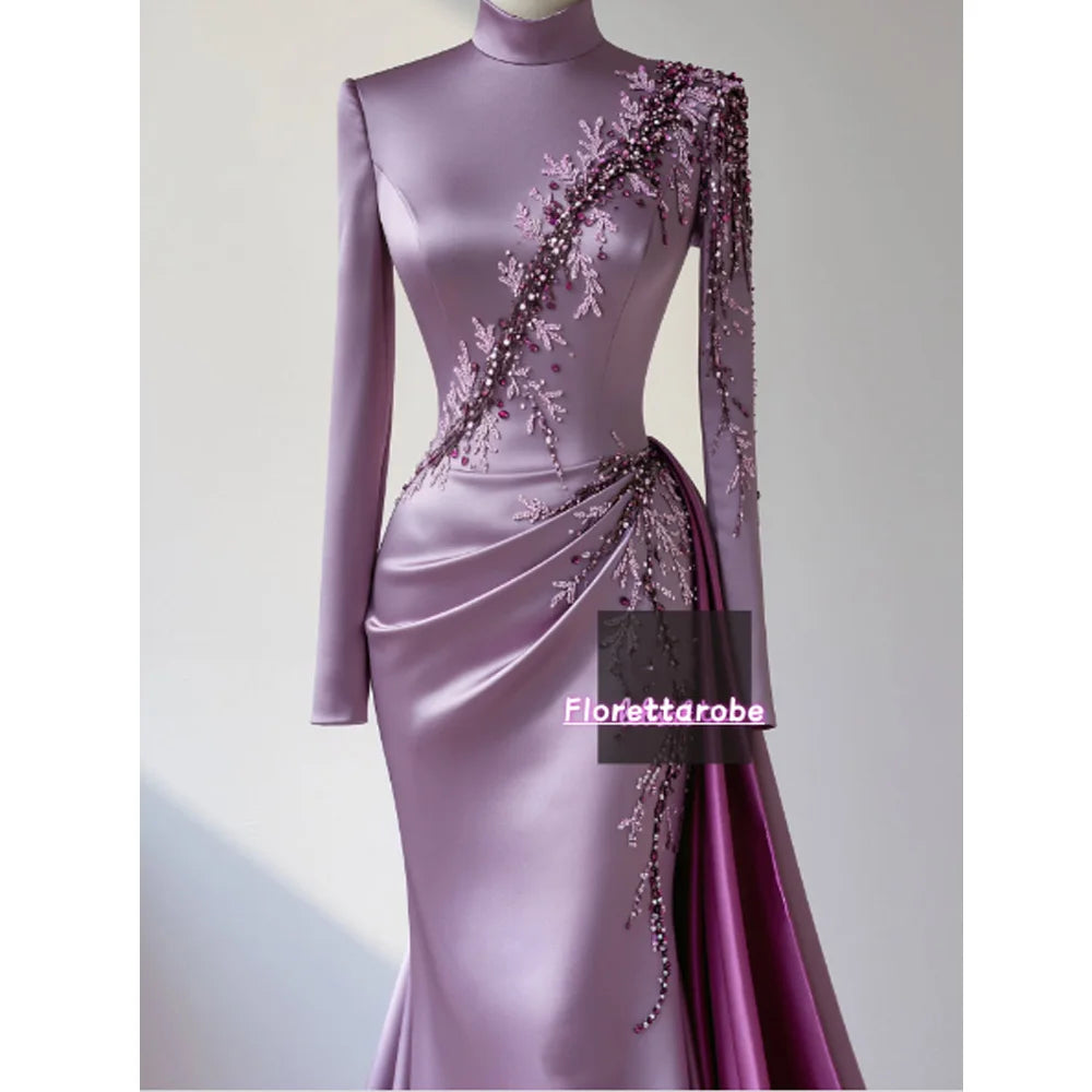 Florettarobe Exquisite Purple Satin Sequined Appliques Pleat  High Collar Long Midi Dress Bespoke Occasion 4 styles Customized