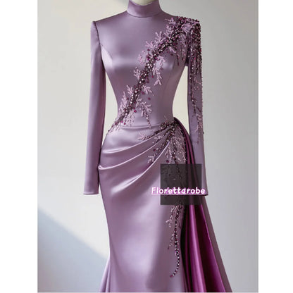 Florettarobe Exquisite Purple Satin Sequined Appliques Pleat  High Collar Long Midi Dress Bespoke Occasion 4 styles Customized