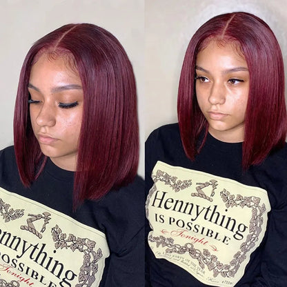 13x4 HD Lace Front Wigs 200 Density Preplucked Prebleached 99J Burgundy Colored 8-14 InchStraight Short Bob Human Hair Wigs