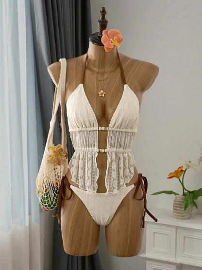 Cream Lace Halter Neck Tankini Set With Beaded Detail And Tie Side Bottoms