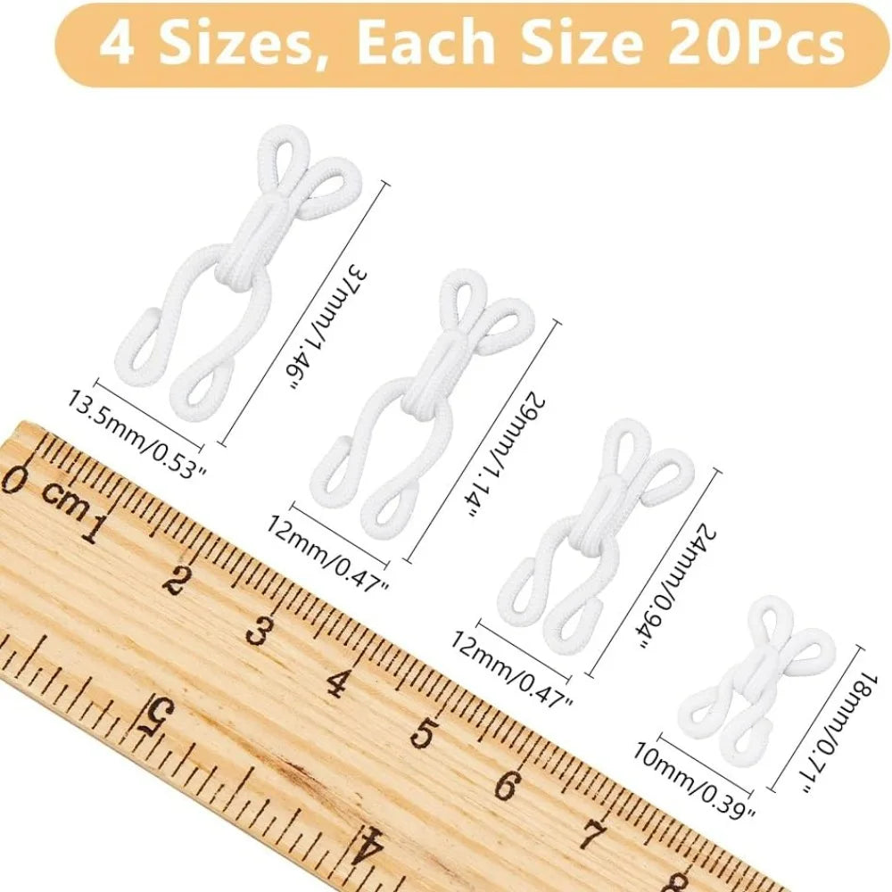80Pcs 4 Sizes Covered Sewing Hooks and Eye Closure White Sewing Hidden Hook for Clothing Bra Thick Leather deep Pile Fabrics