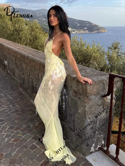 DTLumika Pale Yellow Sequin Slip Maxi Party Dress Beach Holiday Dresses for Women Spaghetti Straps Long Sheath Vacation Gowns