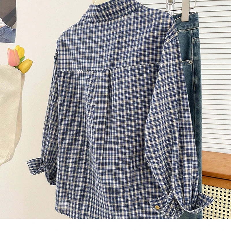 Korean-style Vintage Plaid Shirt New Spring And Autumn Casual Versatile Top Loose And Slimming Versatile College-style Shirt