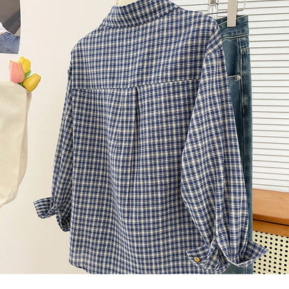Korean-style Vintage Plaid Shirt New Spring And Autumn Casual Versatile Top Loose And Slimming Versatile College-style Shirt
