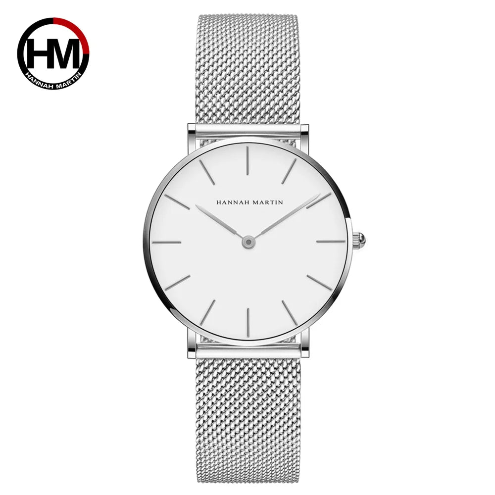 Women's Watch Hannah Martin Brand Stainless Steel Mesh Strap 36mm Silver Minimalist Dial Japanese Quartz Movement 6.9mm Slim Clock 3Bar Life Waterproof Local Fast Shipping Women Watch