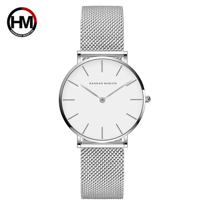 Women's Watch Hannah Martin Brand Stainless Steel Mesh Strap 36mm Silver Minimalist Dial Japanese Quartz Movement 6.9mm Slim Clock 3Bar Life Waterproof Local Fast Shipping Women Watch