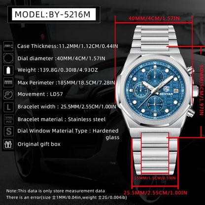 2025 New BENYAR Men's Watches Top Luxury Quartz Wristwatches Chronograph Watch For Man Stainless Steel Waterproof Clock Gift Box