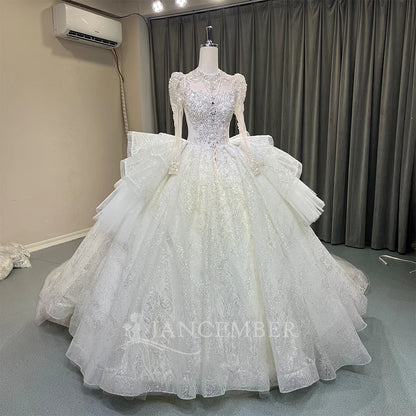High Neck Chic Wedding Dress Corset Women High Quality Ball Gown Customized Romantic Long Sleeves Long Bride Wear robe de mariée