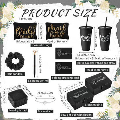 48pcs Bridesmaid Proposal Gifts Set | Maid of Honor Gifts Set from Bride Will You Be My Bridesmaid Gift Box, 24 oz Tumbler, Bridal Bachelorette Party Presents for Bridesmaids Wedding (Black)