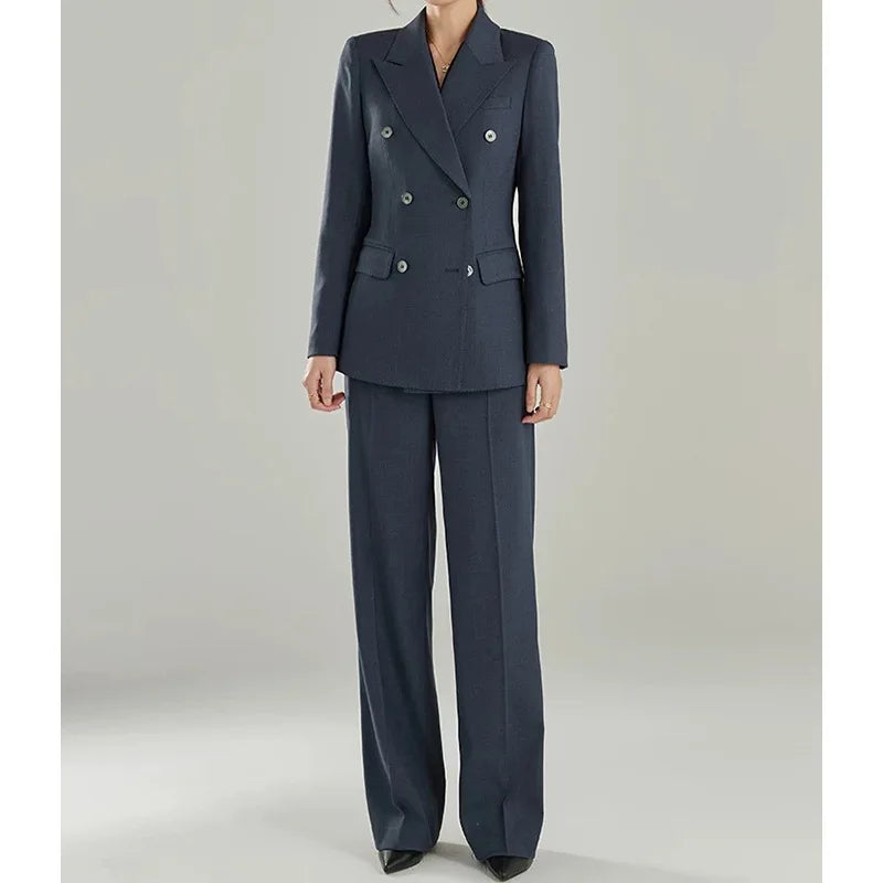 Allingentle Women's Suit Double-Breasted Pantsuit 2 Piece Peak Lapel Blazer & Pants Fashion Suit for Casual Office Customize
