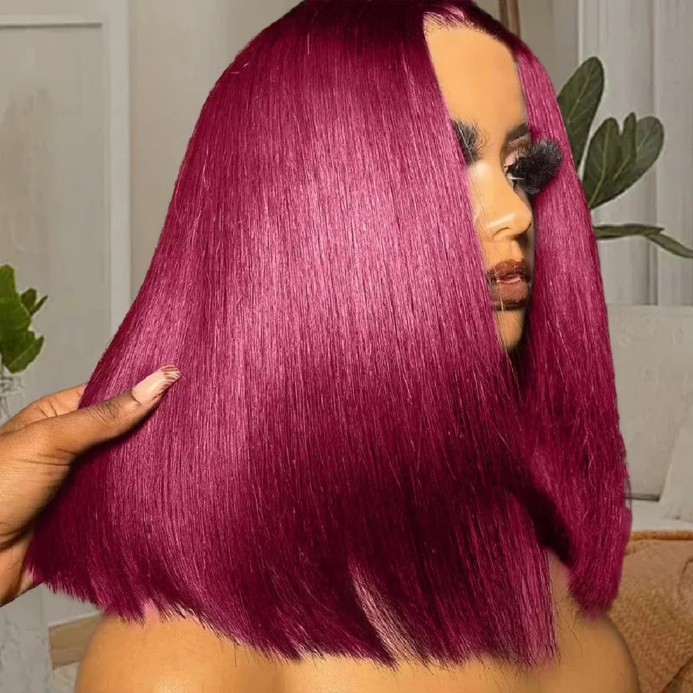 13x4 HD Lace Front Wigs 200 Density Preplucked Prebleached 99J Burgundy Colored 8-14 InchStraight Short Bob Human Hair Wigs