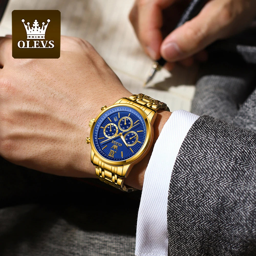 OLEVS Gold Blue Men's Watches Date Chronograph Small Dial Exclusive Design Luxury Business Waterproof Stainless steel Wristwatch