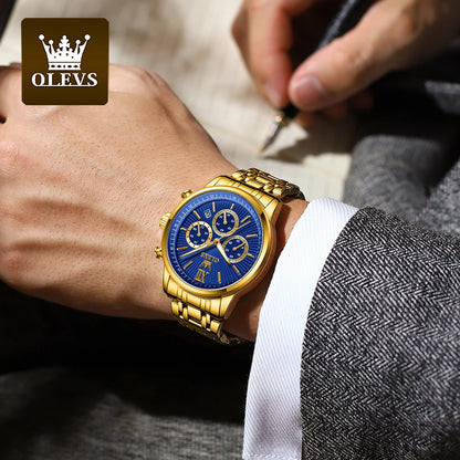 OLEVS Gold Blue Men's Watches Date Chronograph Small Dial Exclusive Design Luxury Business Waterproof Stainless steel Wristwatch