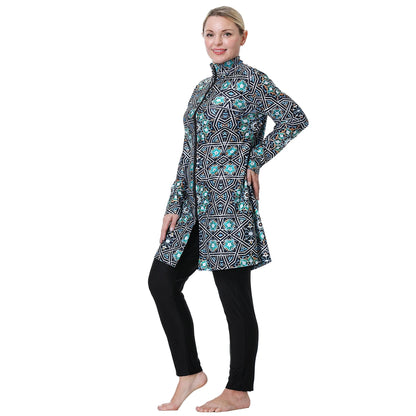 H1024 Muslim Women Fullcoverage  Long Sleeves Cover Up Burkinis Three Pieces Plus Size Printing  Swimwear Suits