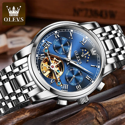 OLEVS 6617 Men's Classic Mechanical Watch Waterproof Business Stainless Steel Strap Watch  Sun And Moon 30M Waterproof Watch