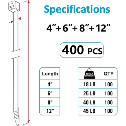 Zip Ties Assorted Sizes(4”+6”+8”+12”), 100/400 Pack Black Cable Ties UV Resistant Wire Ties