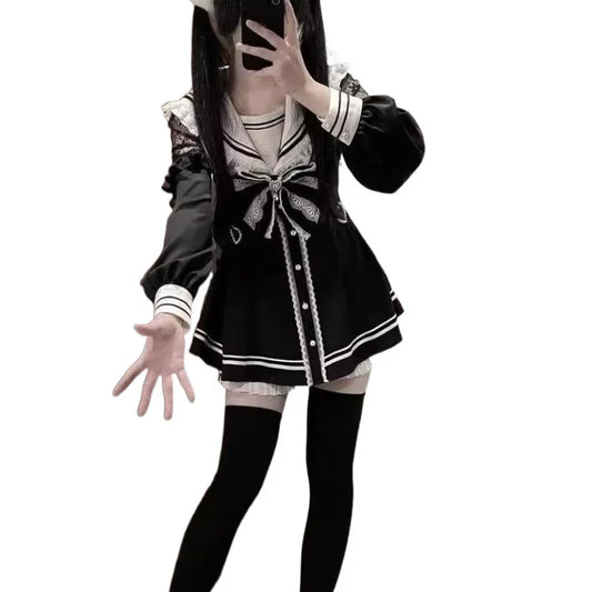 Jirai Kei Sailor Black Dress Lace Patchwork Slim Fit Dresses Japanese Sweet Inner Shorts Set JK School Uniform for Women Girls
