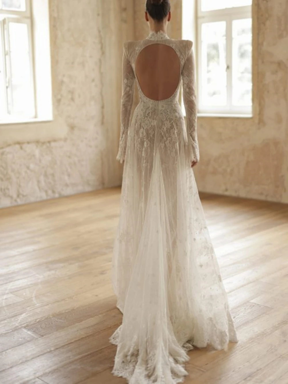 Elegant Lace Backless Wedding Dress High Neck Bride Customized A Line Floor-length Bridal Dress For Women Charming Long Sleeves