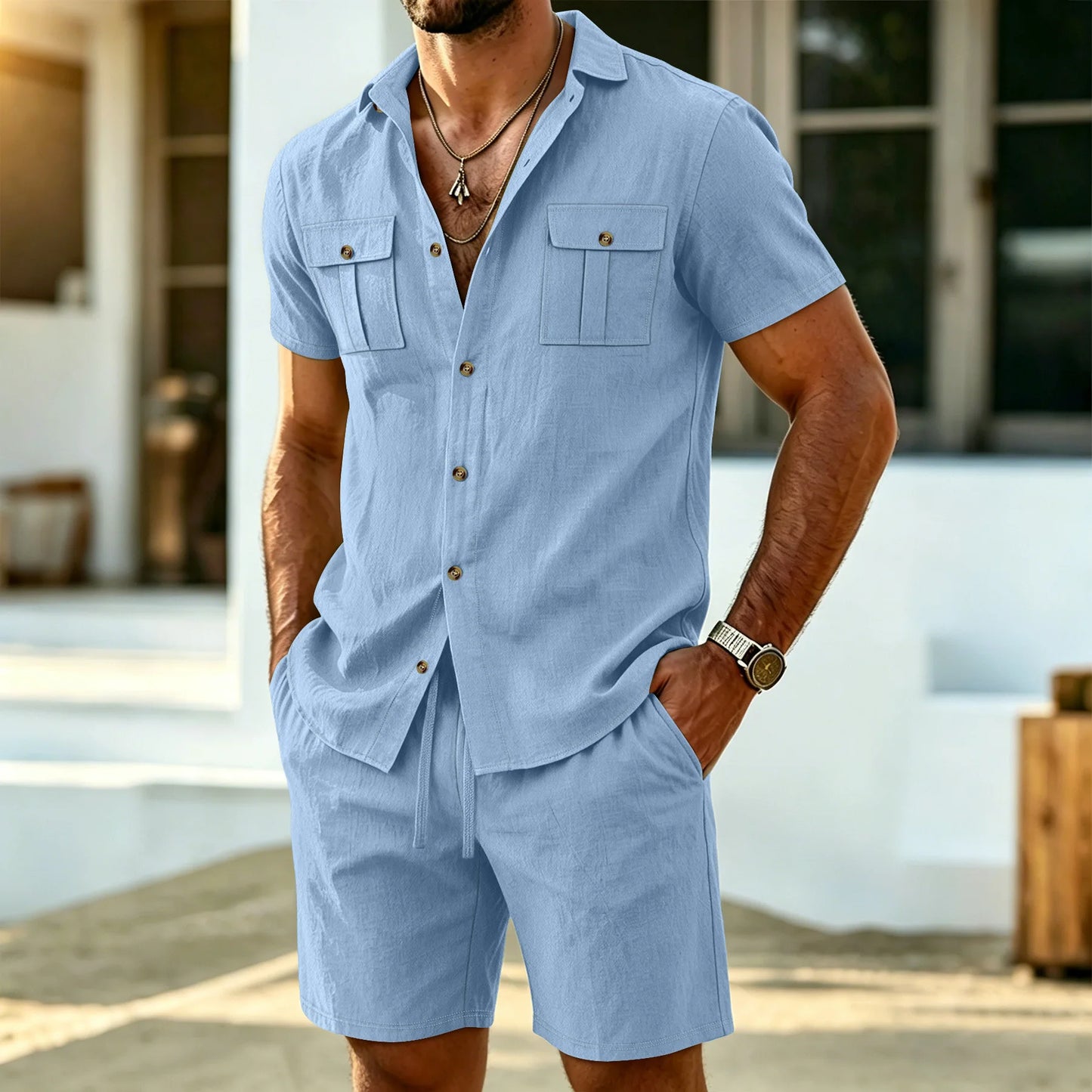 New summer men's linen outdoor casual 2-piece set - Business casual short-sleeved shirt + shorts beach sports breathable street