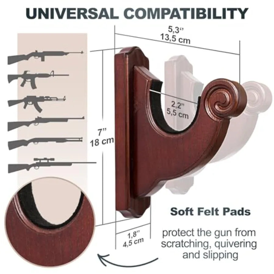 Rifle Wall Mount - Snail-Style Gun Hooks, Wooden Gun Rack for Shotguns and Rifles, Real Hardwood, Set of 2, Mahogany Finish, Rifle Wall Mount Display,Mahogany