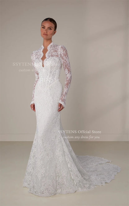 SSYTENS Luxury Lace Wedding Dresses Long Sleeves V Neck Bride Dress Detachable Bow Train Sheath Mermaid Bridal Gowns Customised