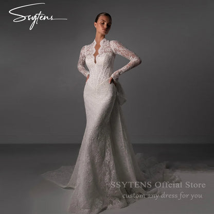 SSYTENS Luxury Lace Wedding Dresses Long Sleeves V Neck Bride Dress Detachable Bow Train Sheath Mermaid Bridal Gowns Customised