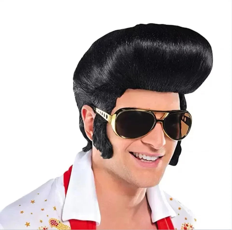 Hot selling spot Elvis wig glasses new male rock singer Elvis Cosplay wig Elvis black heat-resistant synthetic hair party wig ca