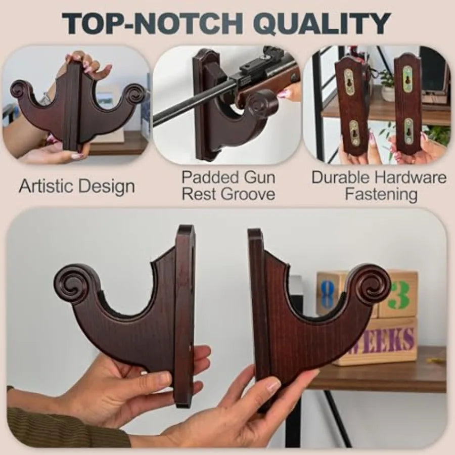 Rifle Wall Mount - Snail-Style Gun Hooks, Wooden Gun Rack for Shotguns and Rifles, Real Hardwood, Set of 2, Mahogany Finish, Rifle Wall Mount Display,Mahogany