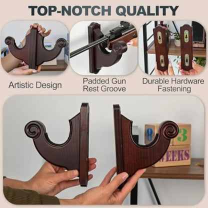Rifle Wall Mount - Snail-Style Gun Hooks, Wooden Gun Rack for Shotguns and Rifles, Real Hardwood, Set of 2, Mahogany Finish, Rifle Wall Mount Display,Mahogany