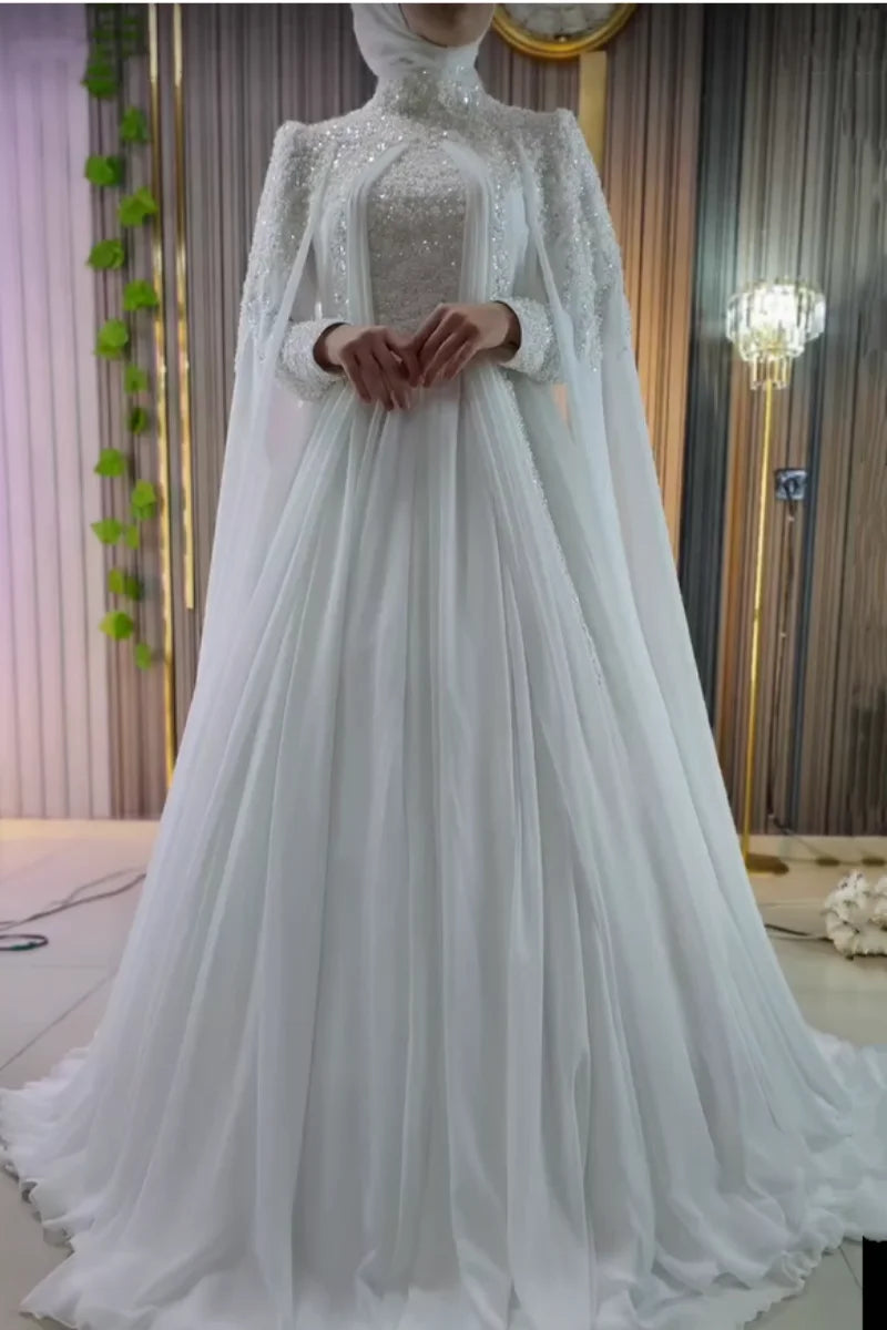 Muslim Long Sleeve Wedding Dress Elegant High Collar Beaded Chiffon A-line Bride Dress Arab Women's Wedding Dress Customized