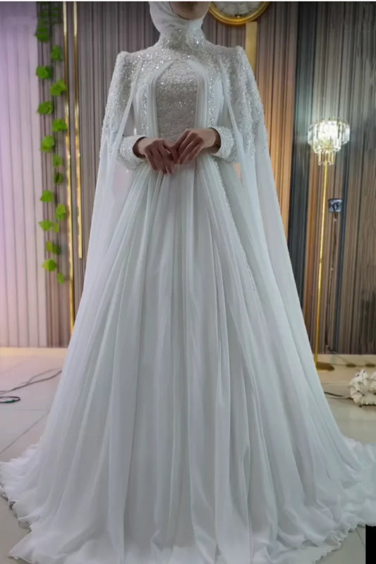 Muslim Long Sleeve Wedding Dress Elegant High Collar Beaded Chiffon A-line Bride Dress Arab Women's Wedding Dress Customized
