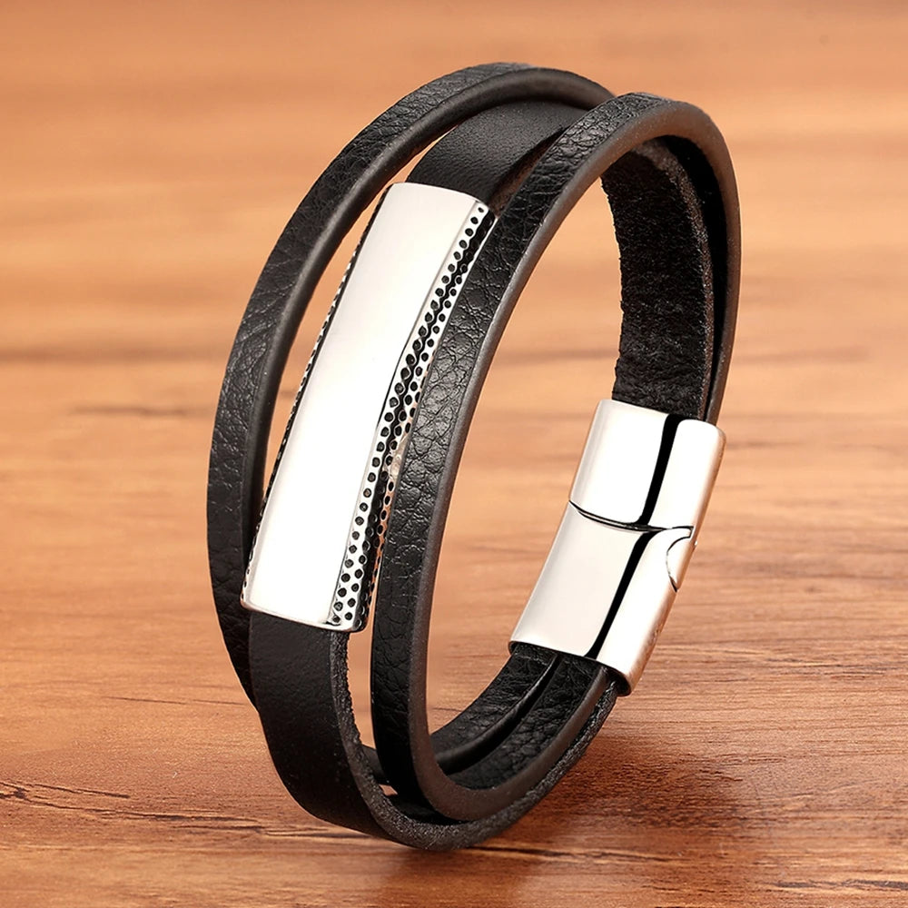 XQNI Luxury Vintage Multilayer Leather Men Bracelet Bead Bracelet Stainless Steel Charm Jewelry Male Wrist Bangle Birthday Gift