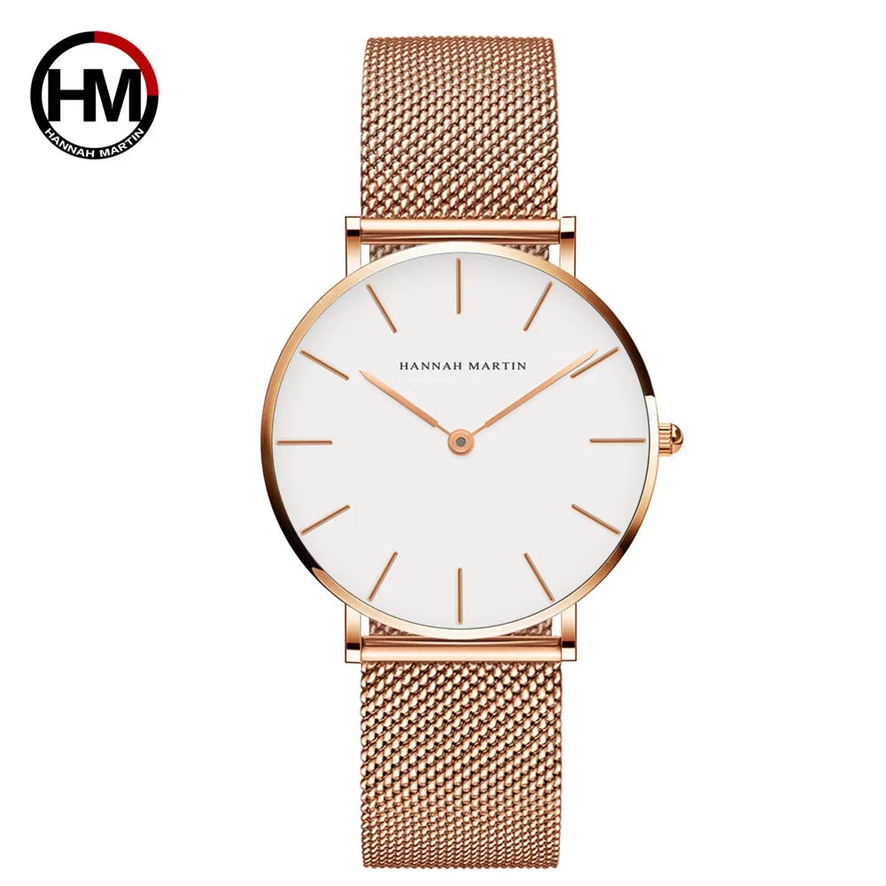 Women's Watch Hannah Martin Brand Stainless Steel Mesh Strap 36mm Silver Minimalist Dial Japanese Quartz Movement 6.9mm Slim Clock 3Bar Life Waterproof Local Fast Shipping Women Watch