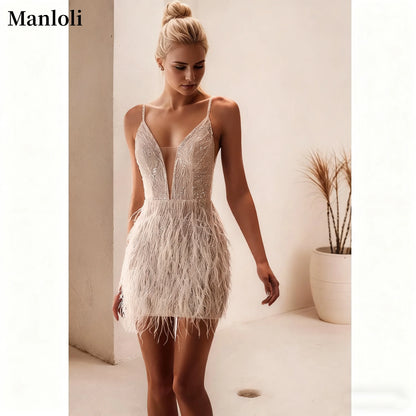 2026 Sparkling Glitter Feather Cocktail Dress Spaghetti Strap V-neck Mini Skirt Elegant Wedding Bridal Dress Custom