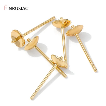 14K Gold Plated Brass Earring Stud Base Blank Post Ear Studs Tray Earplug For Pearl DIY Earring Making Accessories