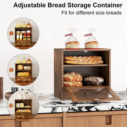 Large Capacity Wooden Bread Box for Kitchen Countertop with Ventilation Holes, Adjustable Shelf, Vintage Farmhouse Design, Keeps Bread Fresh Longer, Retro Brown
