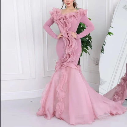 Customized Ruffles Mermaid Evening Dress فساتين سهرة V Neck Full Sleeve Engagement Gown فستان سهرة نسائي