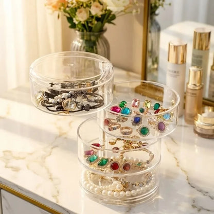 360 Rotating Jewelry Organizer Clear Plastic Storage Box Compact Multi-Layer Earring Ring Holder Dustproof Desktop Display Case